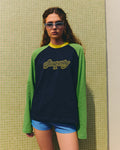 After Party Script Letter Raglan Tee - Navy & Green